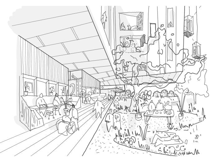 Artist's impression of courtyard garden in a new cancer centre 