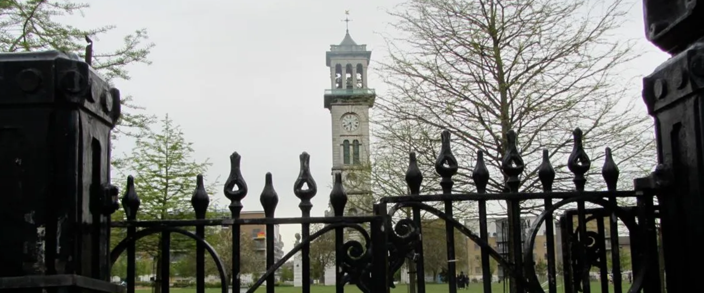 Caledonian Park gates with the clock tower in the background