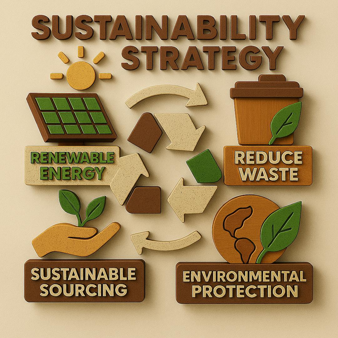 A graphic with a recycle triangle, reading sustainable sourcing, renewable energy, environmental protection, reduce waste