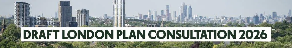 Banner showing the London skyline above green parkland, with the text “Draft London Plan Consultation 2026”