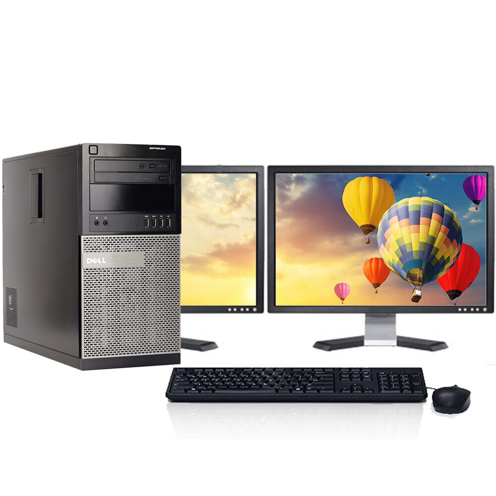 Desktop computer with two screens, keyboard, mouse and tower