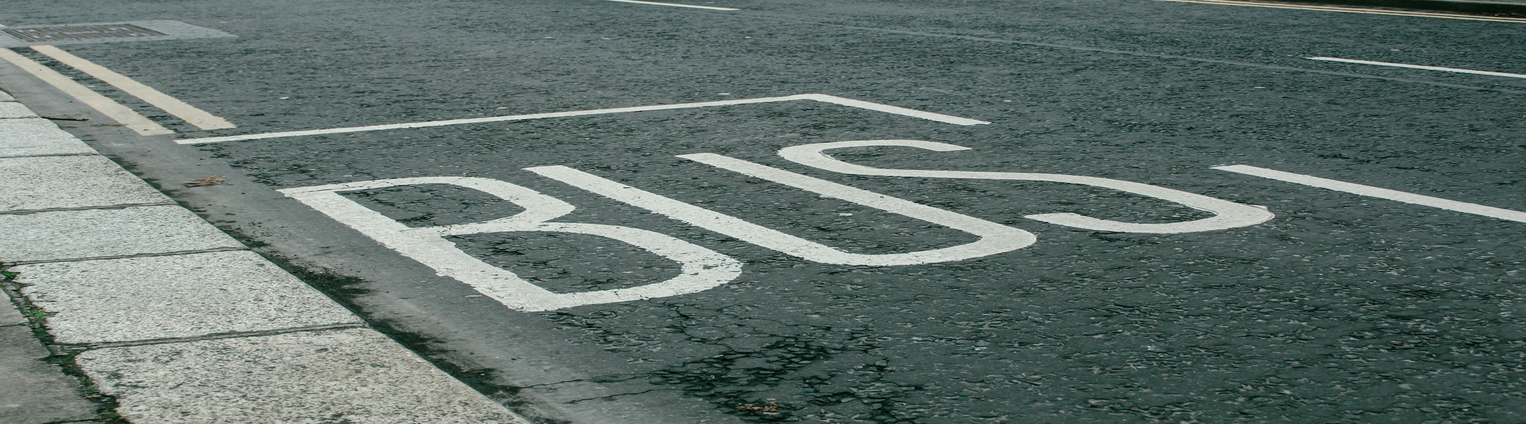 Photo of word "BUS" painted on road in white paint.
