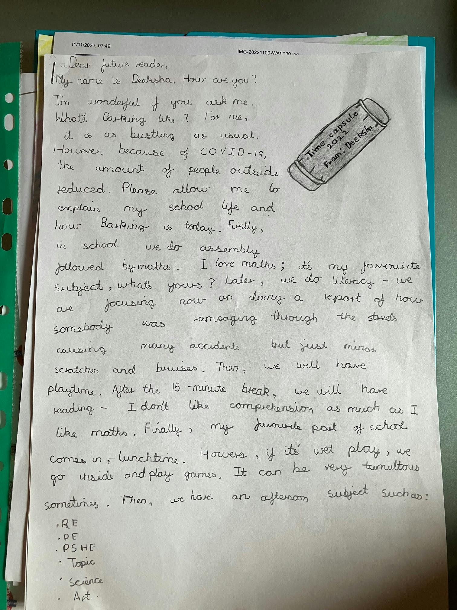 Letter to a future reader, by Deeksha Rendeddula, aged 10, St Margaret's Primary School