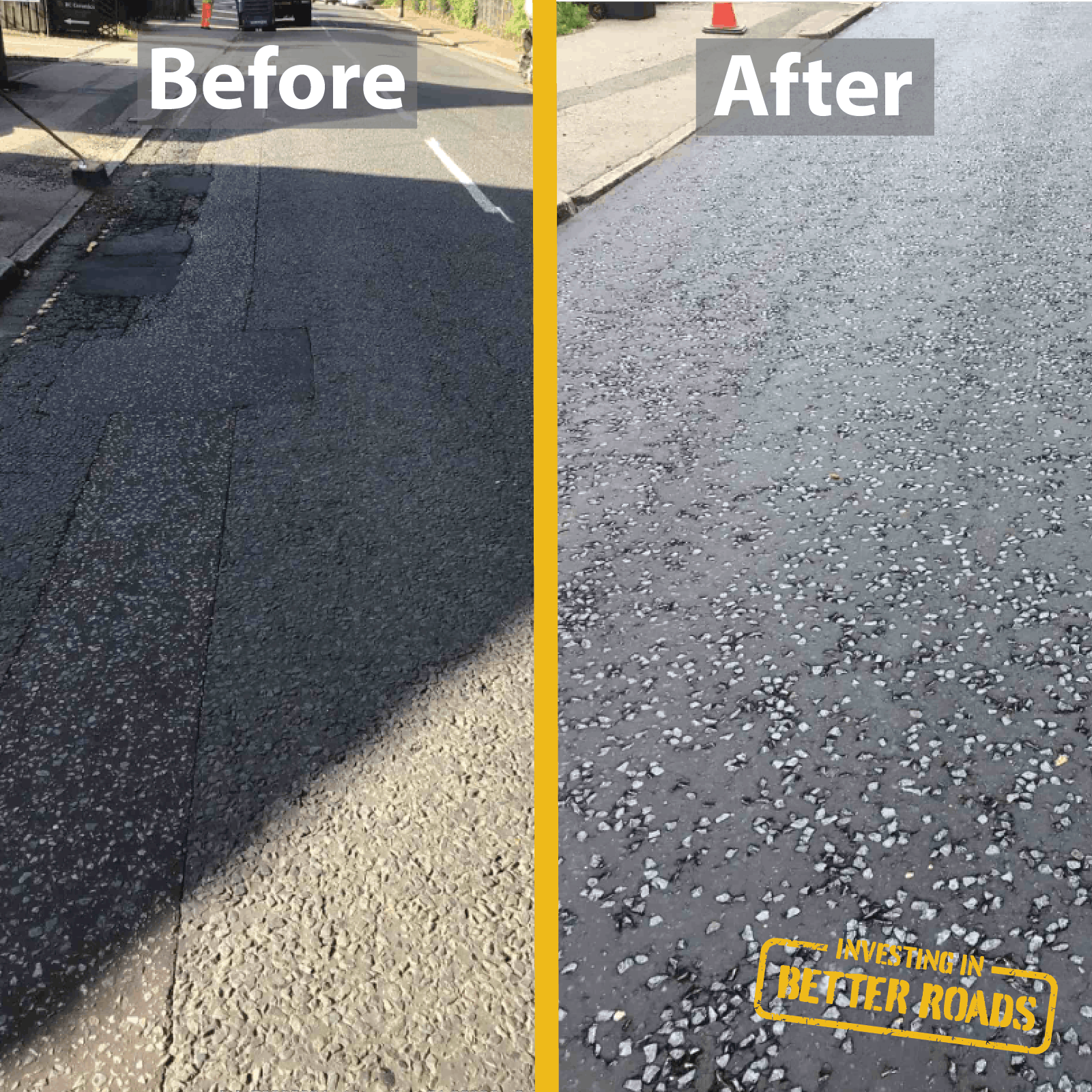 Before And after shot of a carriageway once it's been resurfaced