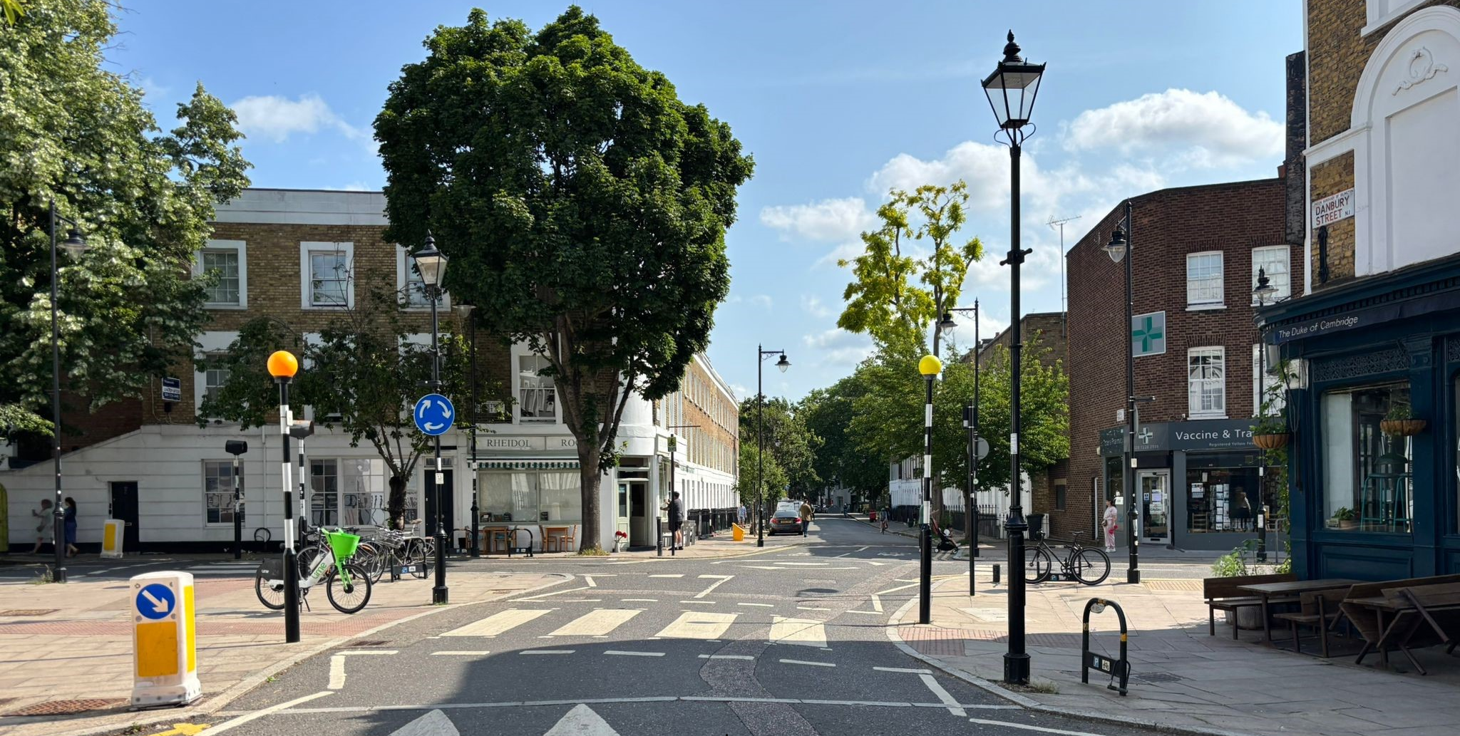View from Danbury Street, by the zebra crossing, looking towards Rheidol Terrace