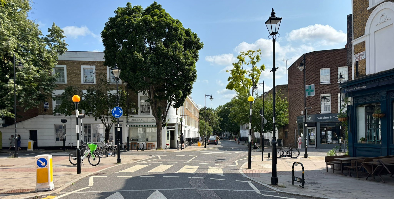 View from Danbury Street, by the zebra crossing, looking towards Rheidol Terrace