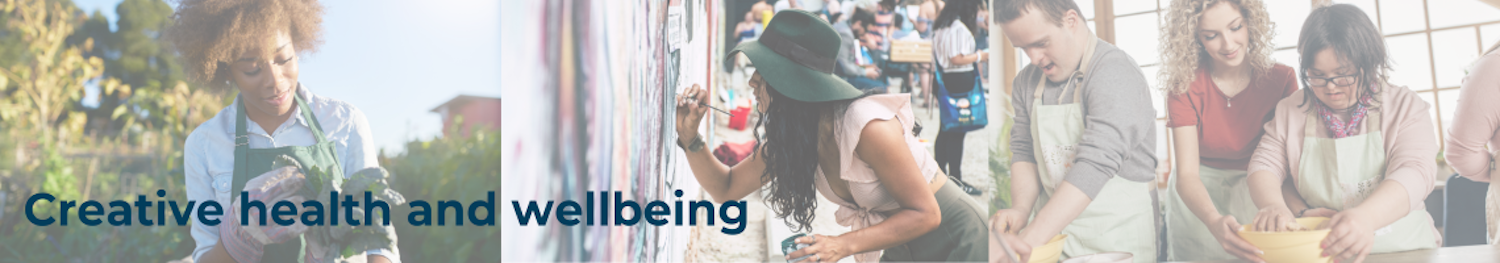 Banner including three images: people doing different creative activities, gardening, painting, coocking