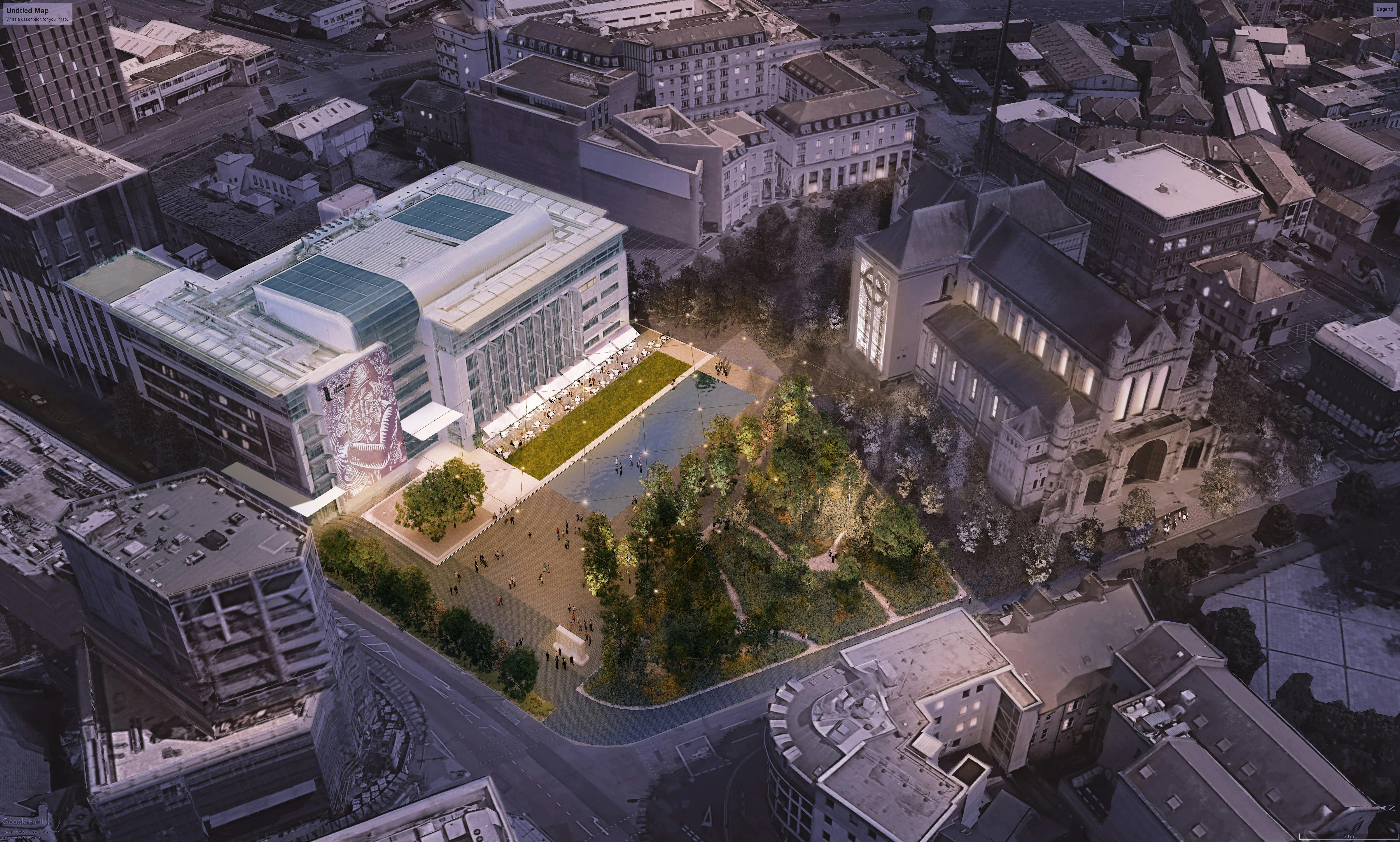 Artist impression of Cathedral Gardens at night 