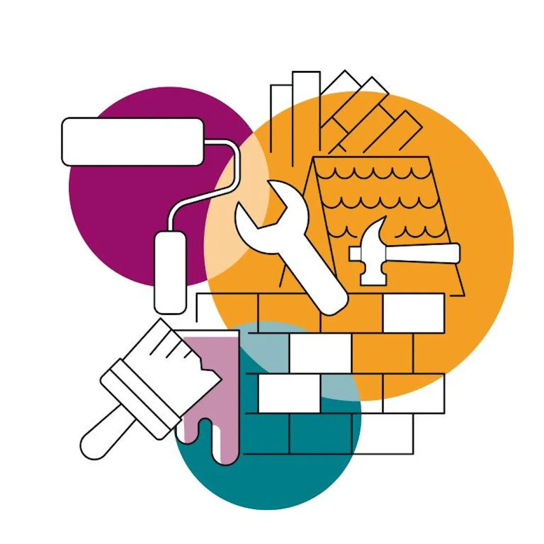A graphic showing various tools for repairs - a hammer, a spanner, a paint brush and paint roller, and a wall and a roof