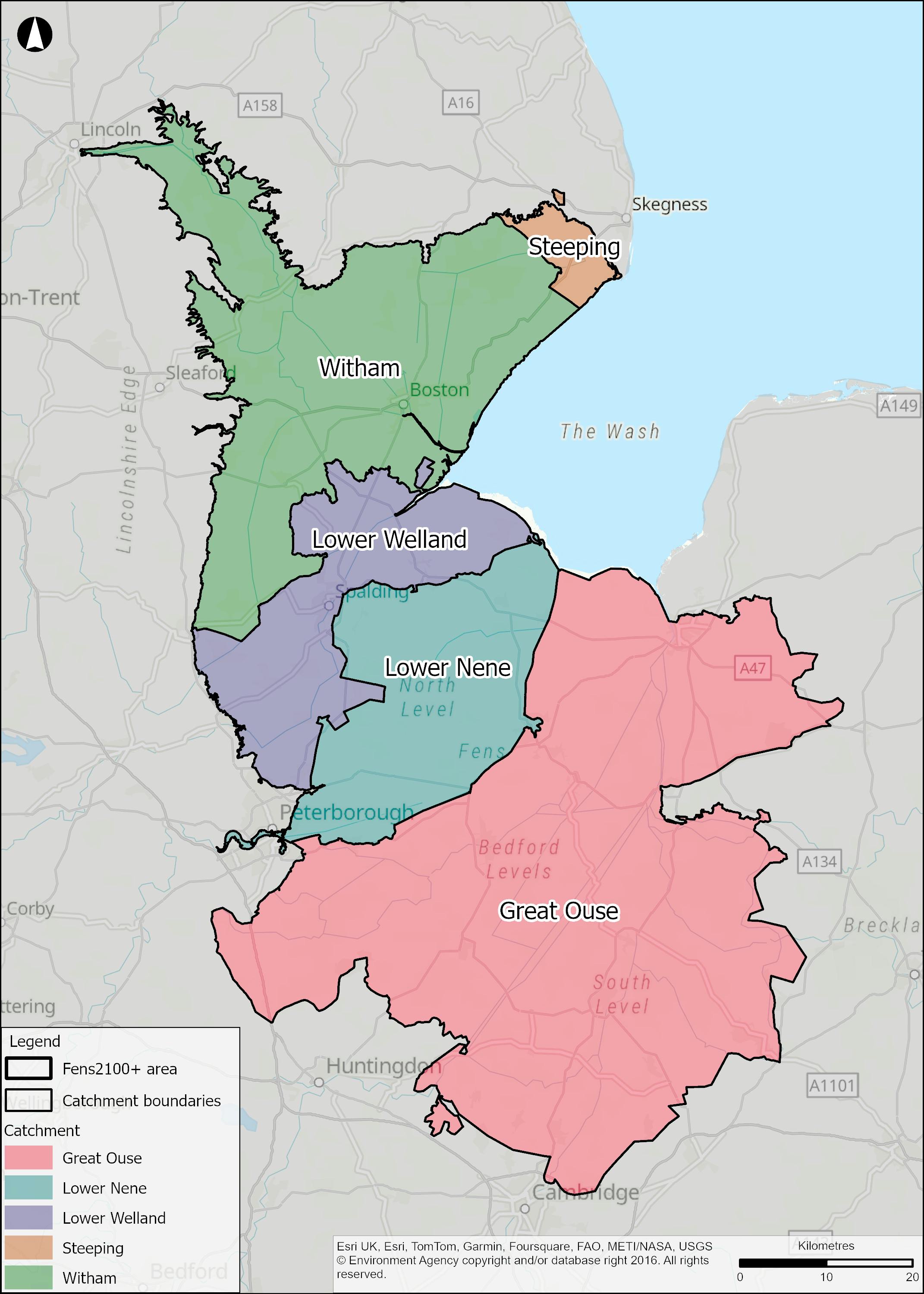 Map showing the Fens 2100+ programme area and river catchments