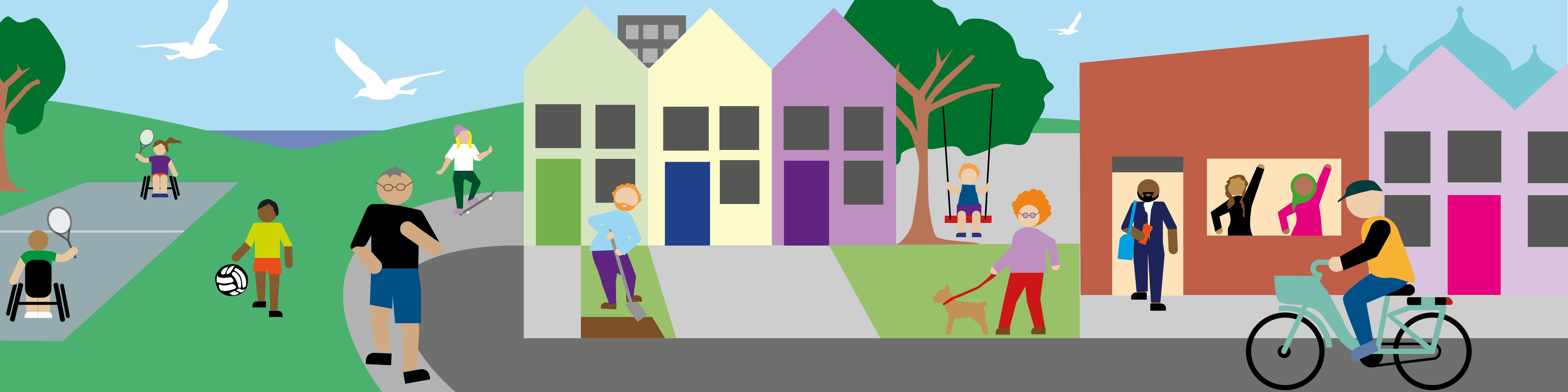 An image showing drawings people being active in parks, cycling and walking, gardening at home and at a fitness class