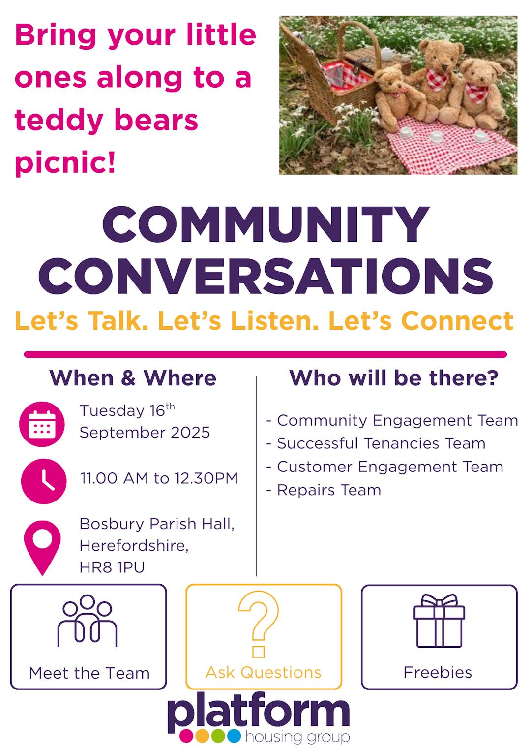 Community Conversation poster, Bosbury Parish Church, Herefordshire, HR8 1PU on Tuesday 16th September, 11am till 12.30pm