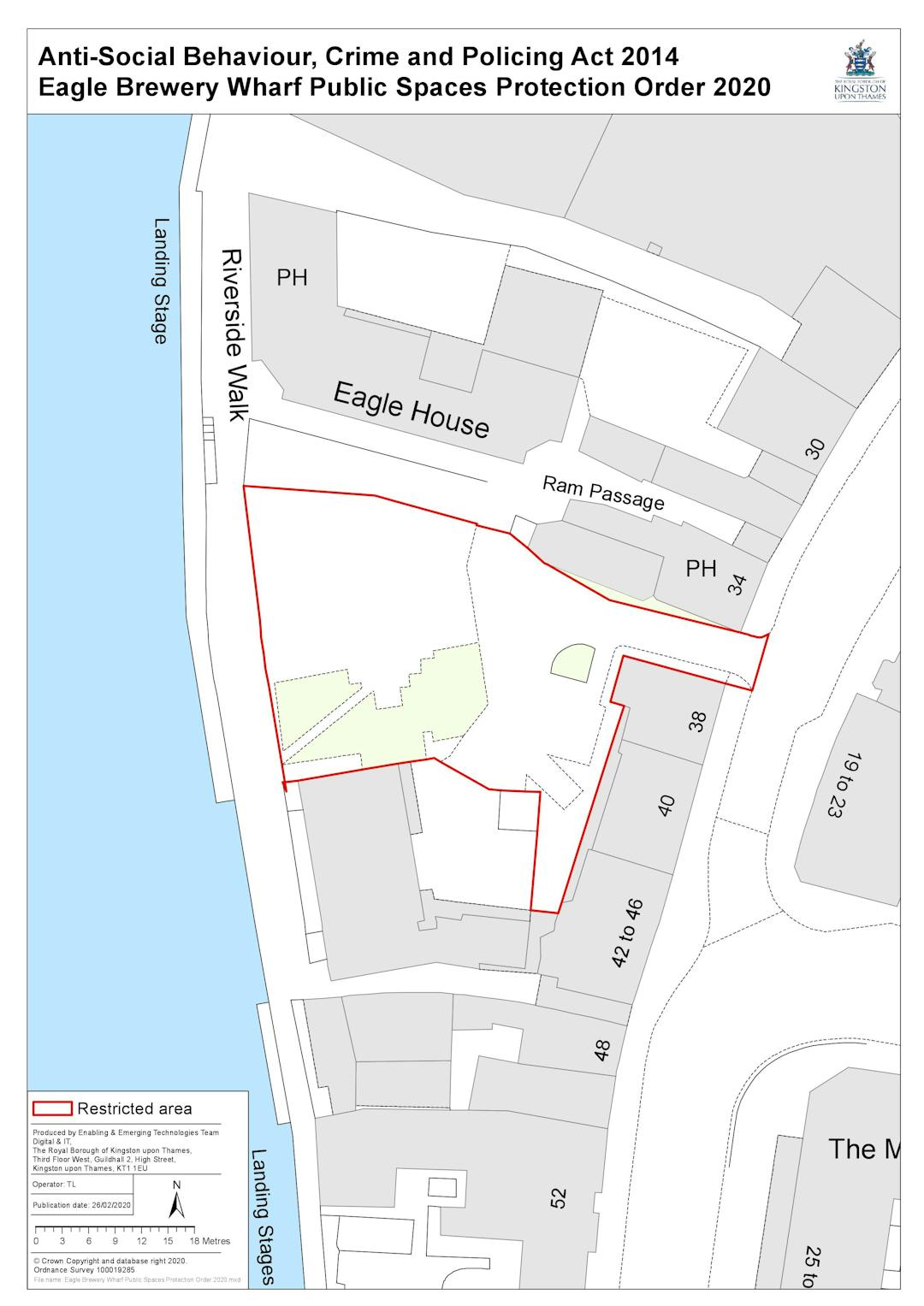 Proposed PSPO Map A map of the proposed area for the PSPO. This covers Eagle Brewery Wharf Open Space, an area surrounded by residential and business premises between Riverside Walk and High Street, Kingston upon Thames, KT1.