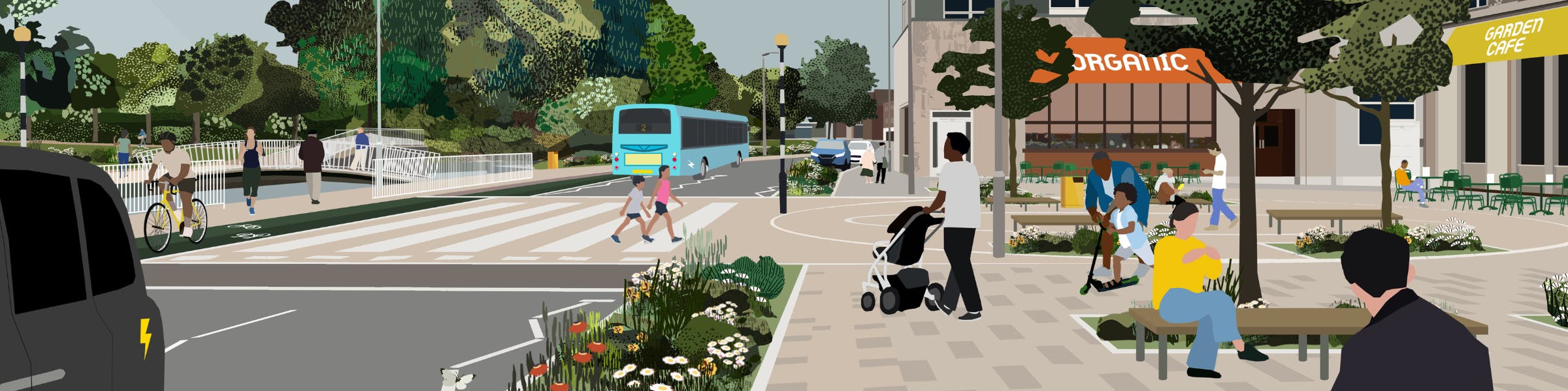 An illustration showing people on the street in Hemel Hempstead Town Centre, close to the Water Gardens