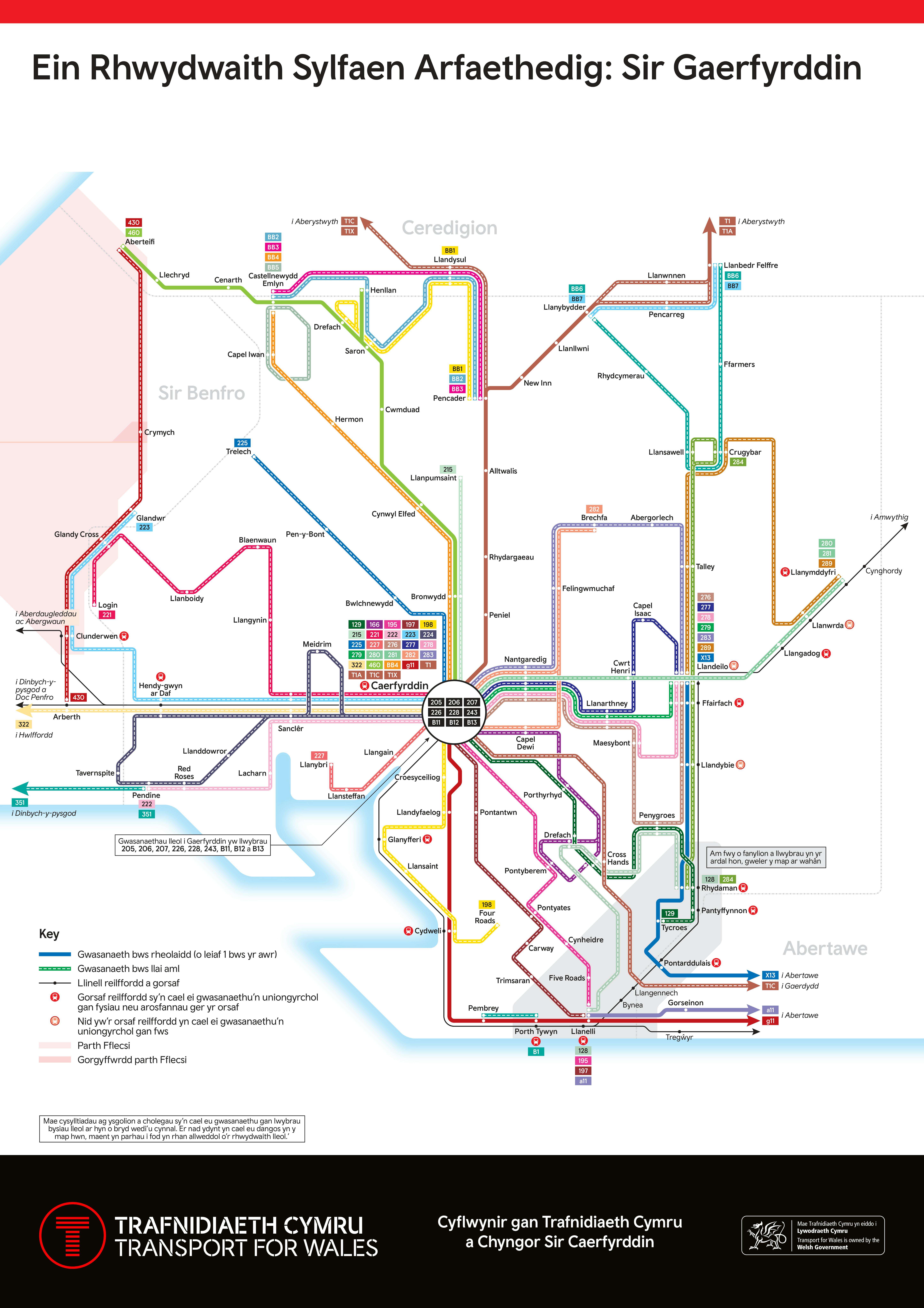 Map graffig yn dangos y Rhwydwaith Sylfaen Arfaethedig yn Sir Gaerfyrddin