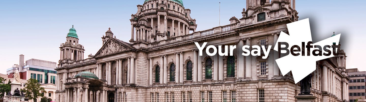 Photo of Belfast City Hall with the Your Say Belfast logo