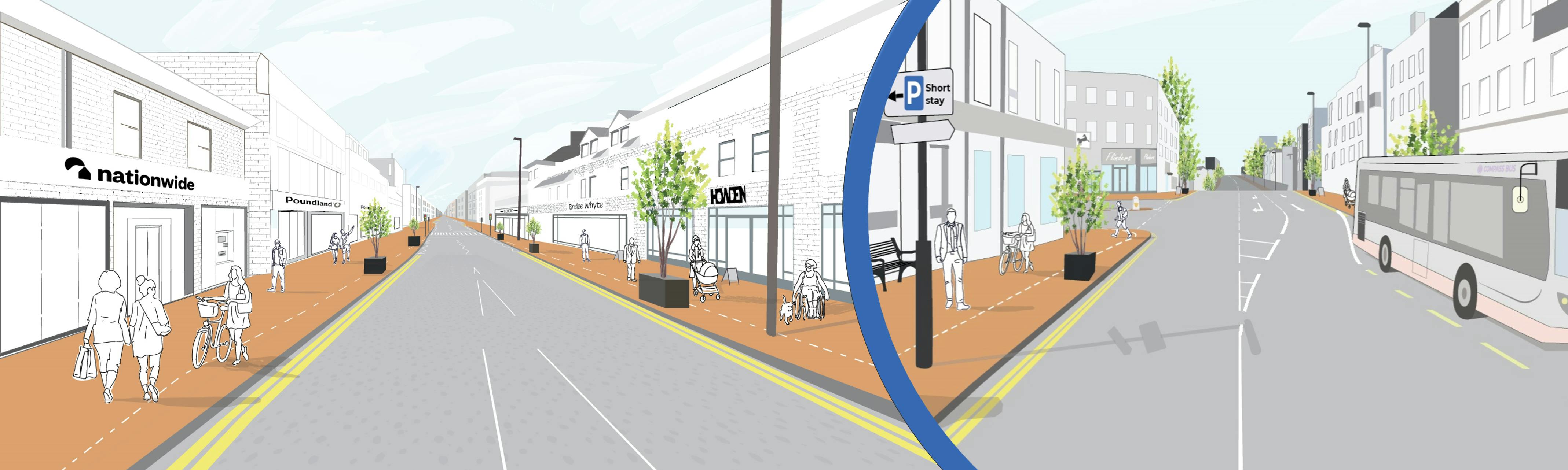 Visualisation of proposed improvements on South Road with widened footways, planting, new surfacing, and a 20mph speed limit