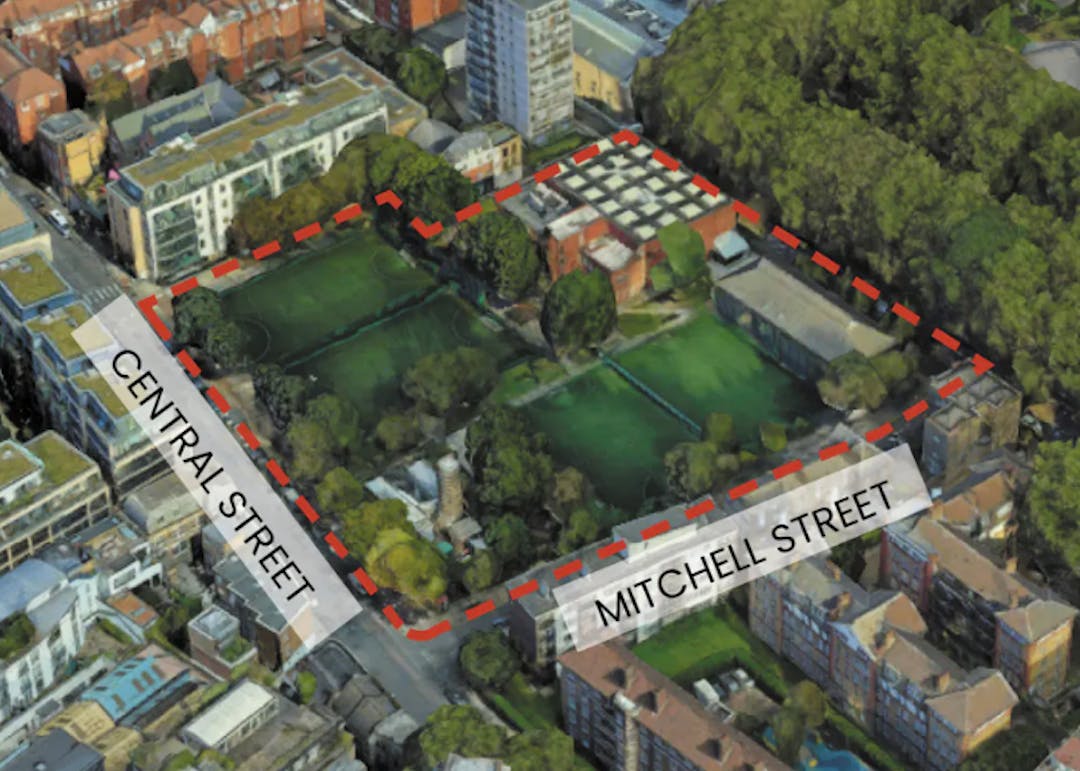 Detail showing aerial view of Finsbury Leisure Centre site area framed within a dotted red line