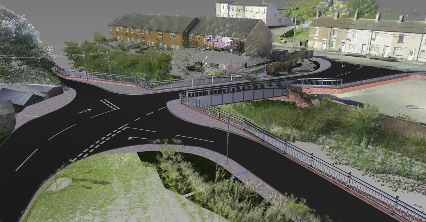 Aerial simulated visualisation of the new bridge from Grove Hill embankment.