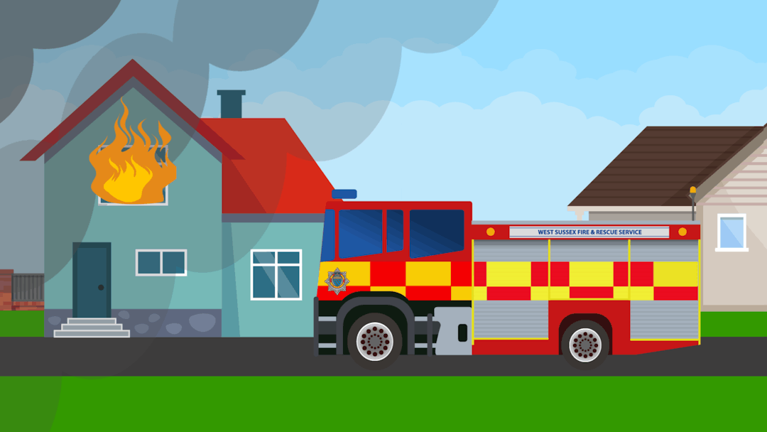 Graphic of house fire with West Sussex Fire and Rescue fire appliance outside.