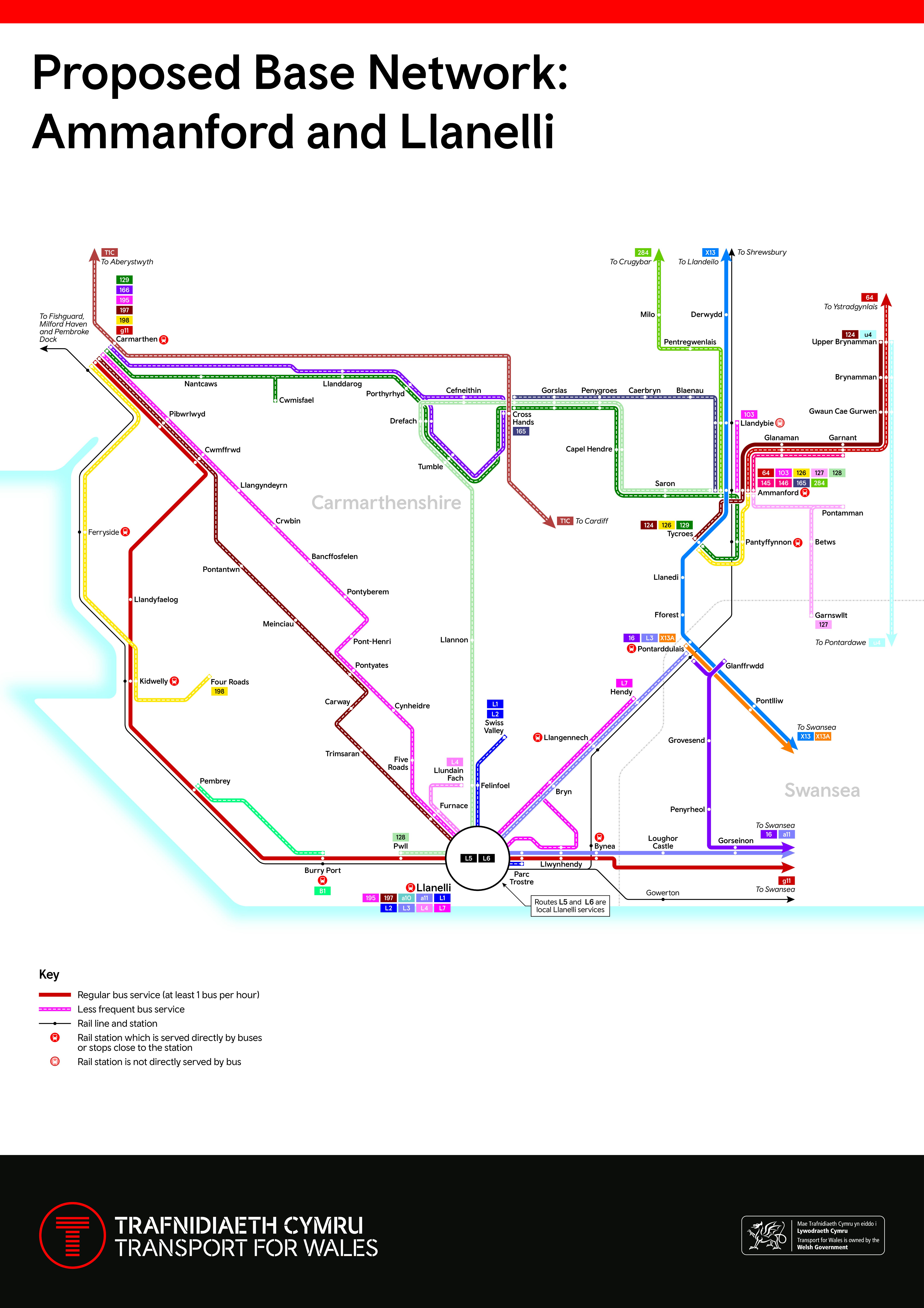 Graphic map showing the Proposed Base Network in Llanelli and Ammanford