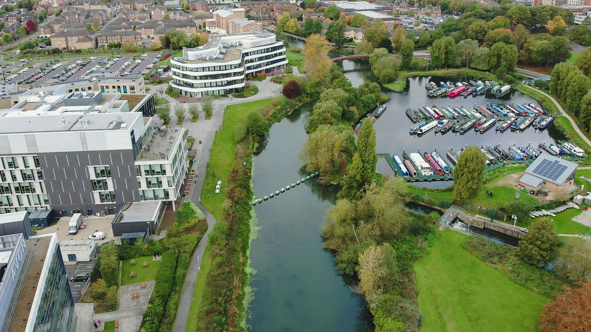 Image showing the River Nene, Northampton Marina, Red House Weir, and University of Northampton Waterside Campus.