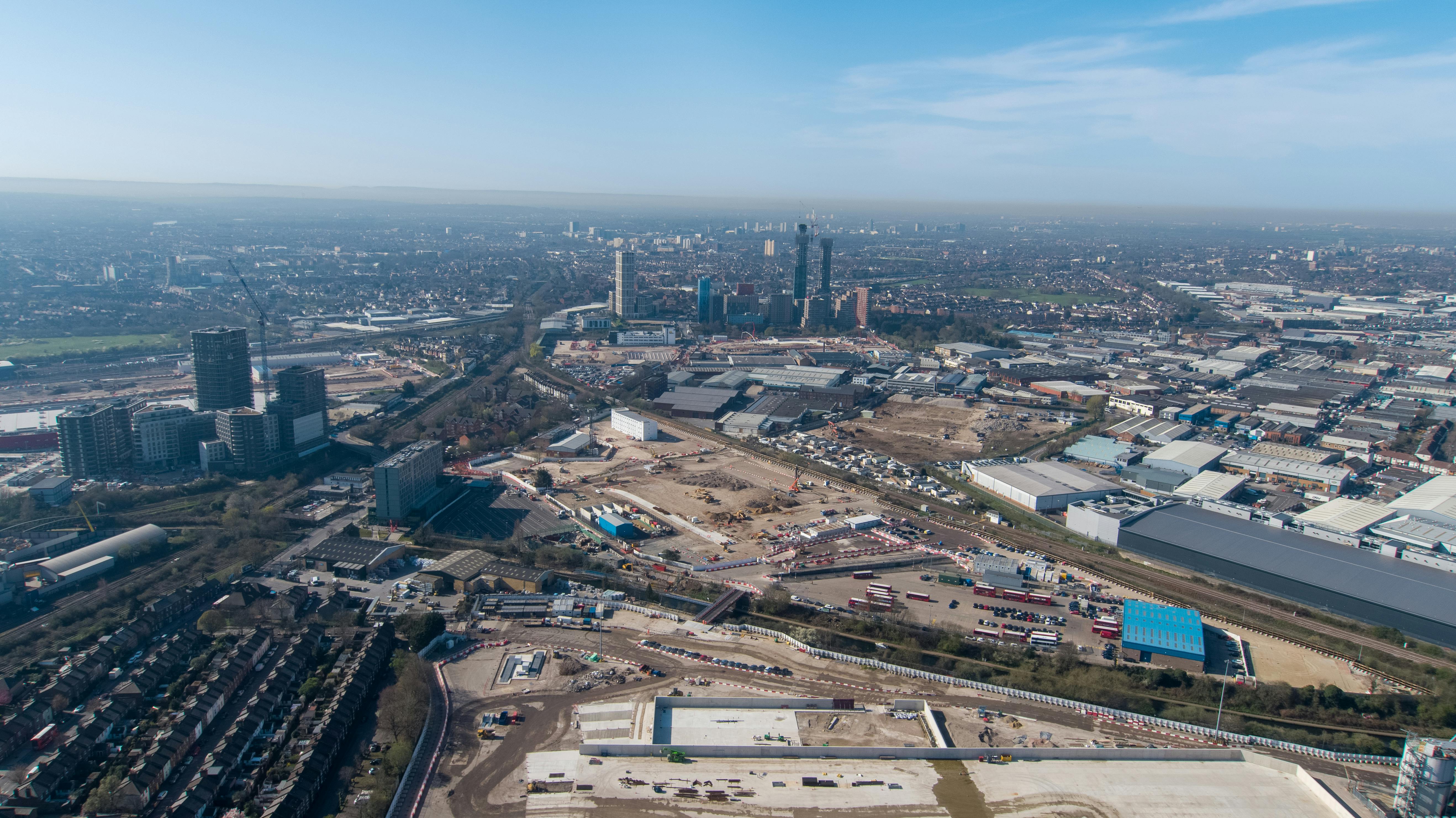 Drone image of the Old Oak area including construction site for HS2