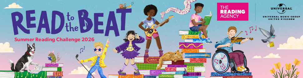 Text saying Read to the Beat Summer Reading Challenge 2026 and cartoon images of children playing instruments and animals