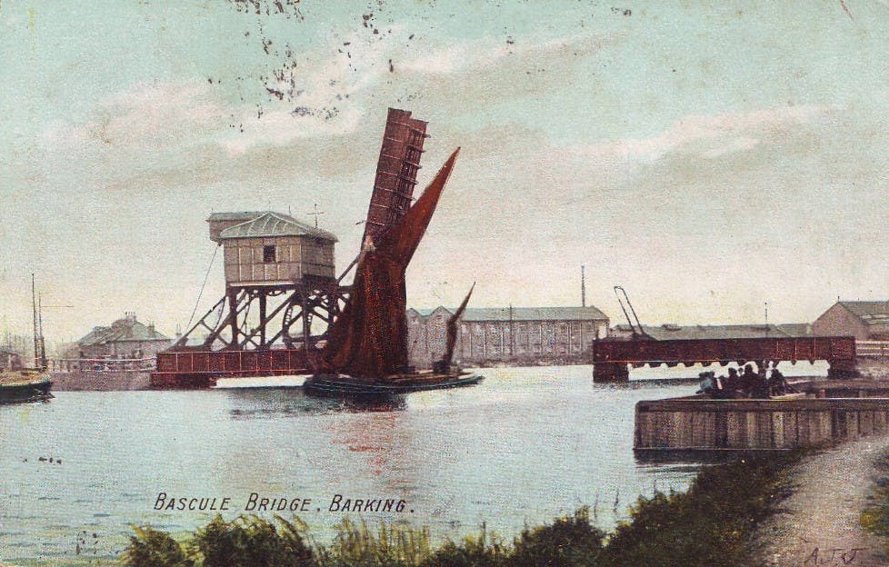 Bascule Bridge for trams, crossing the Roding, painting is from East Ham side and the rubber works is in the background 