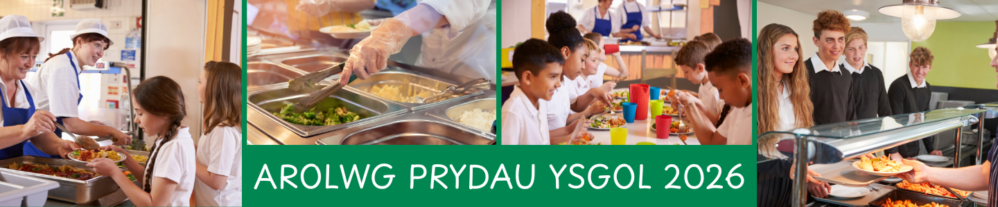 White text on a green background that says Arolwg Prydau Ysgol 2026 with 4 images of pupils eating school meals