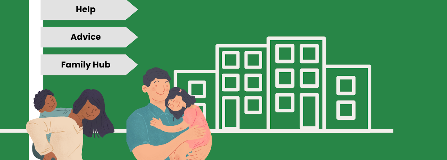 a woman holding a child, a man holding a child, a signpost with the words help, advice, family hub against a green background