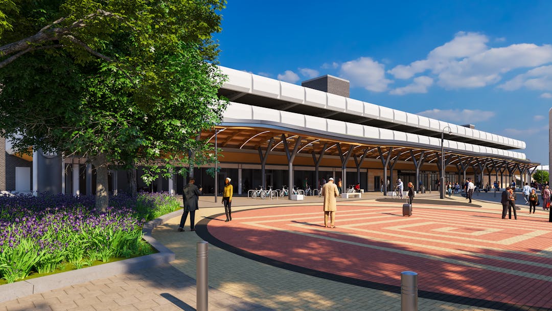 CGI produced image of the external view of the main entrance of the bus station showing the proposed green living canopy
