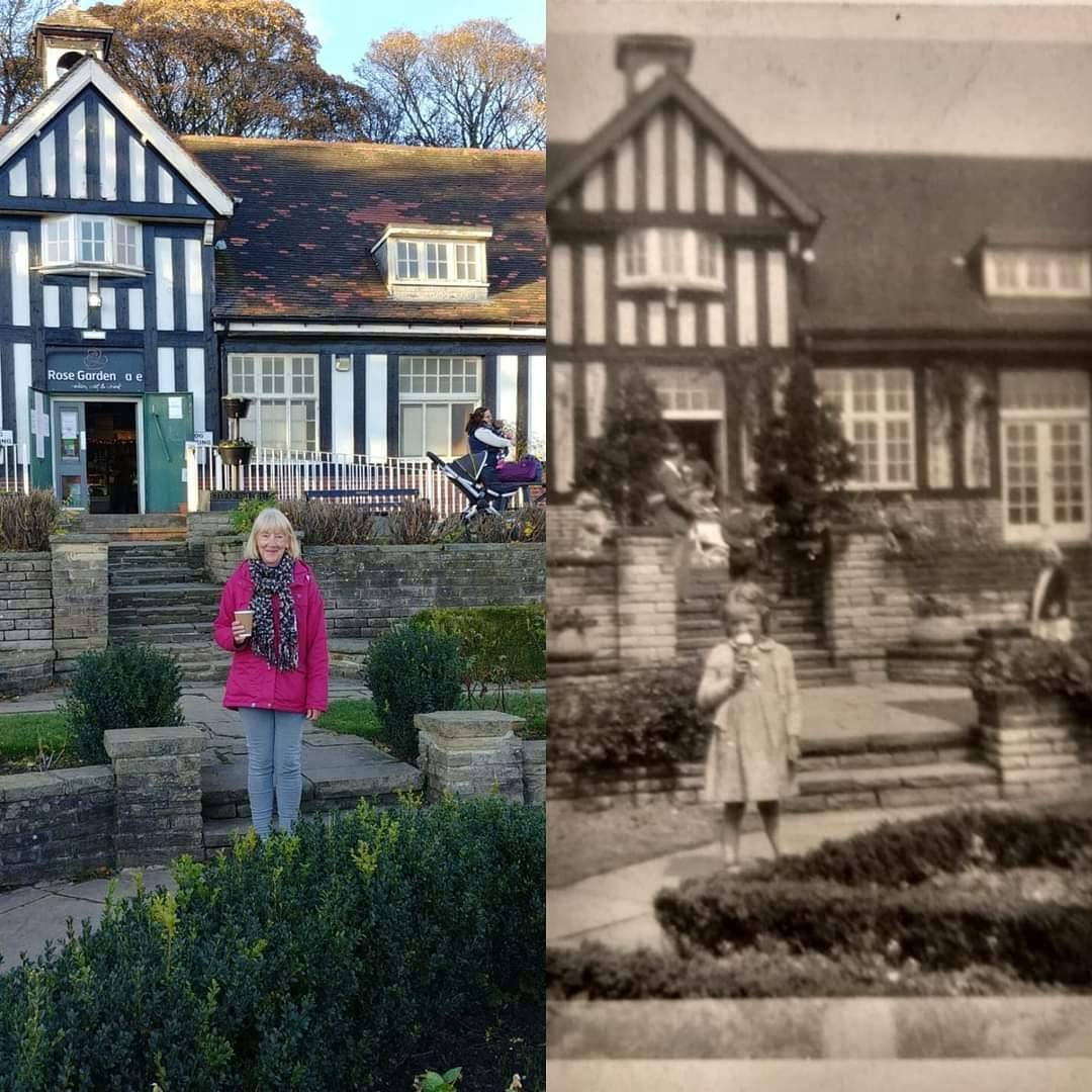 Sandra Jones outside the Rose Garden Cafe 70 years apart.jpg