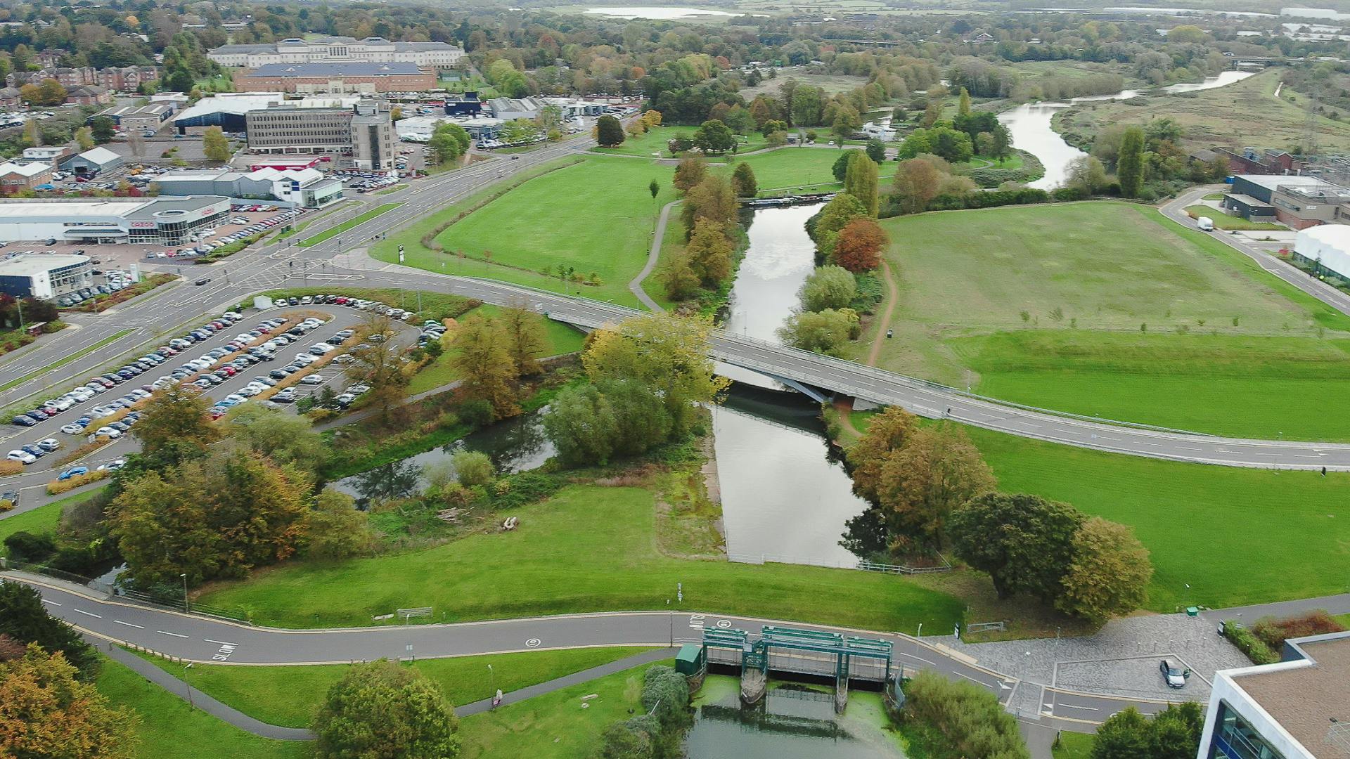 Image showing the River Nene, Northampton Nunn Mills Sluice and surrounding parkland.