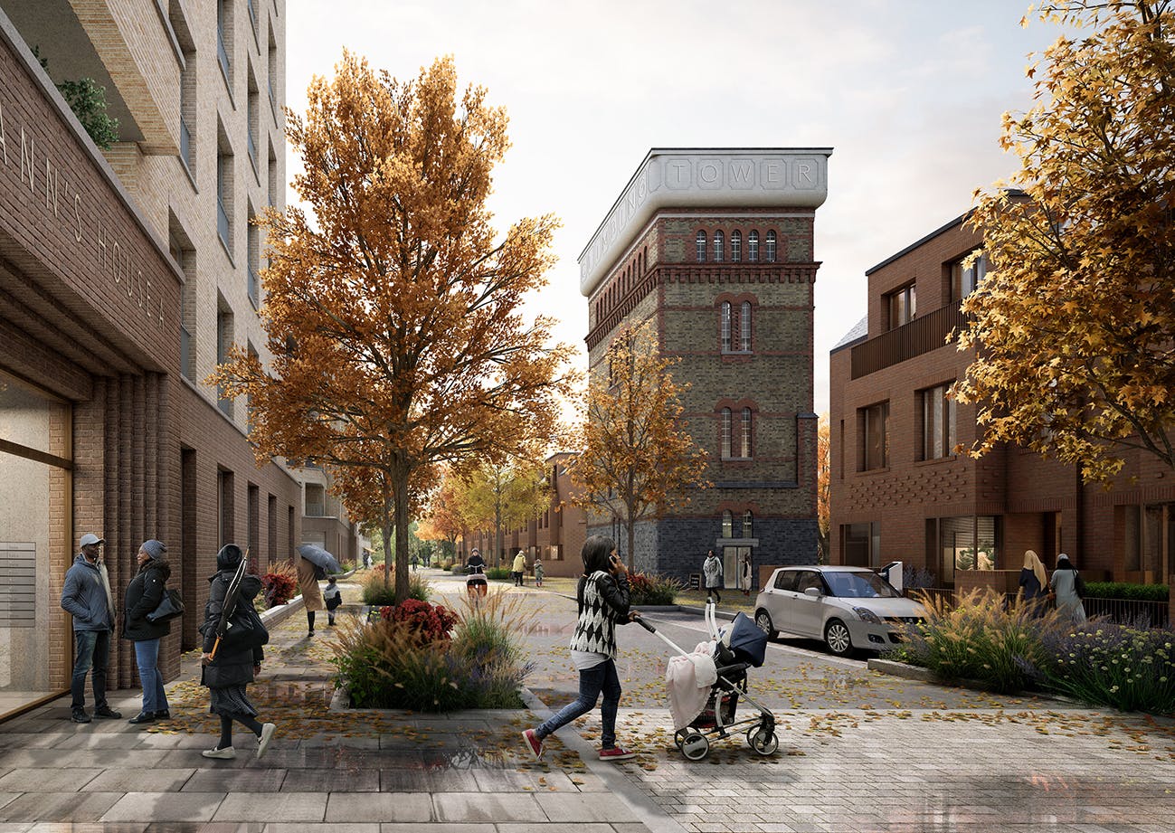 Autumn View of the retained water tower and a new residential street, with street planting and many front doors