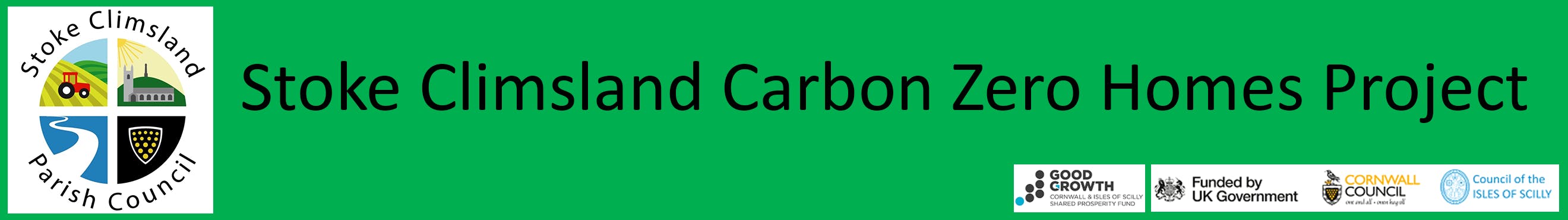 Image shows logos for Stoke Climsland Carbon Zero Homes Project and funders